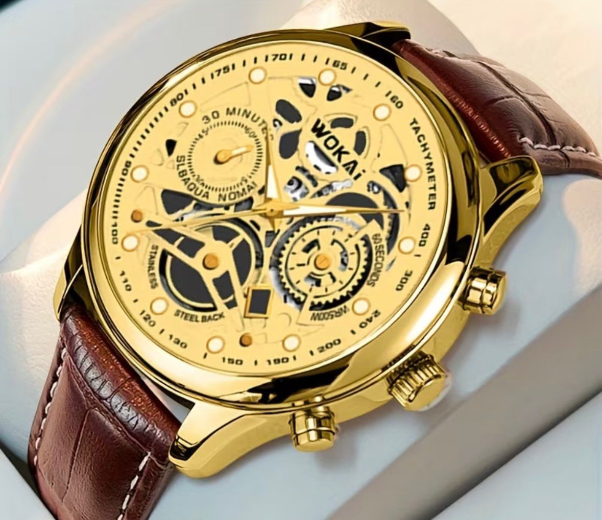 Buy Wokai Executive Golden Skeleton Leather Dress Watch in Bonny Island