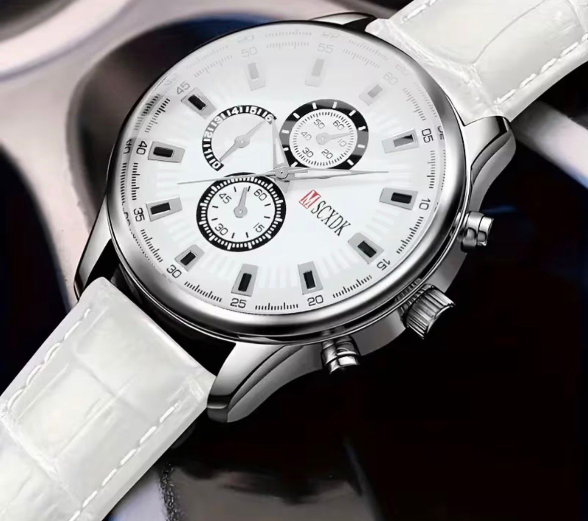 Buy MSCXDK Minimalist Chrono-Style Arctic White Leather Dress Watch in Bonny Island