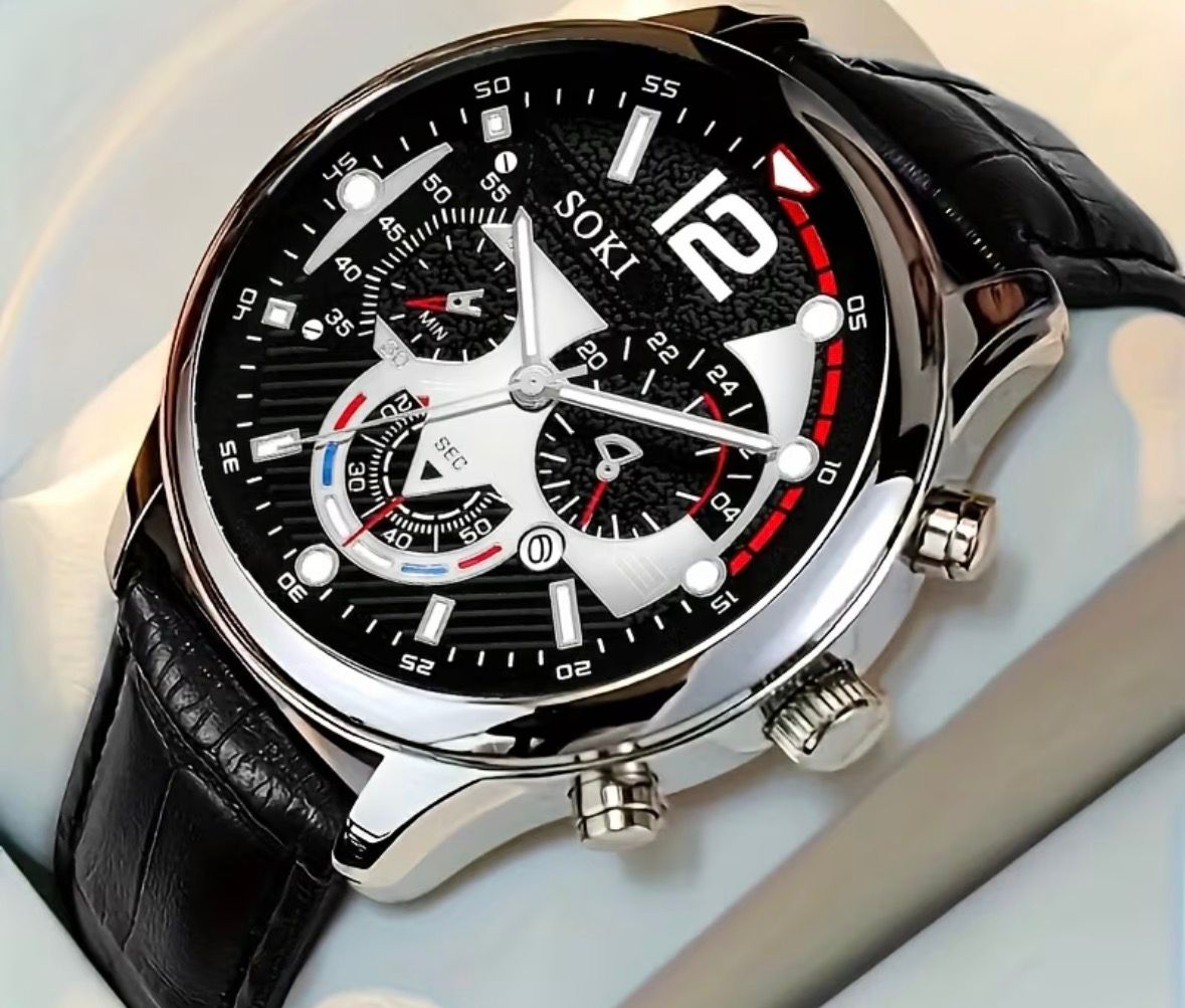 Buy SOKI Grand Horizon Chrono-Style Black Leather Dress Watch in Bonny Island