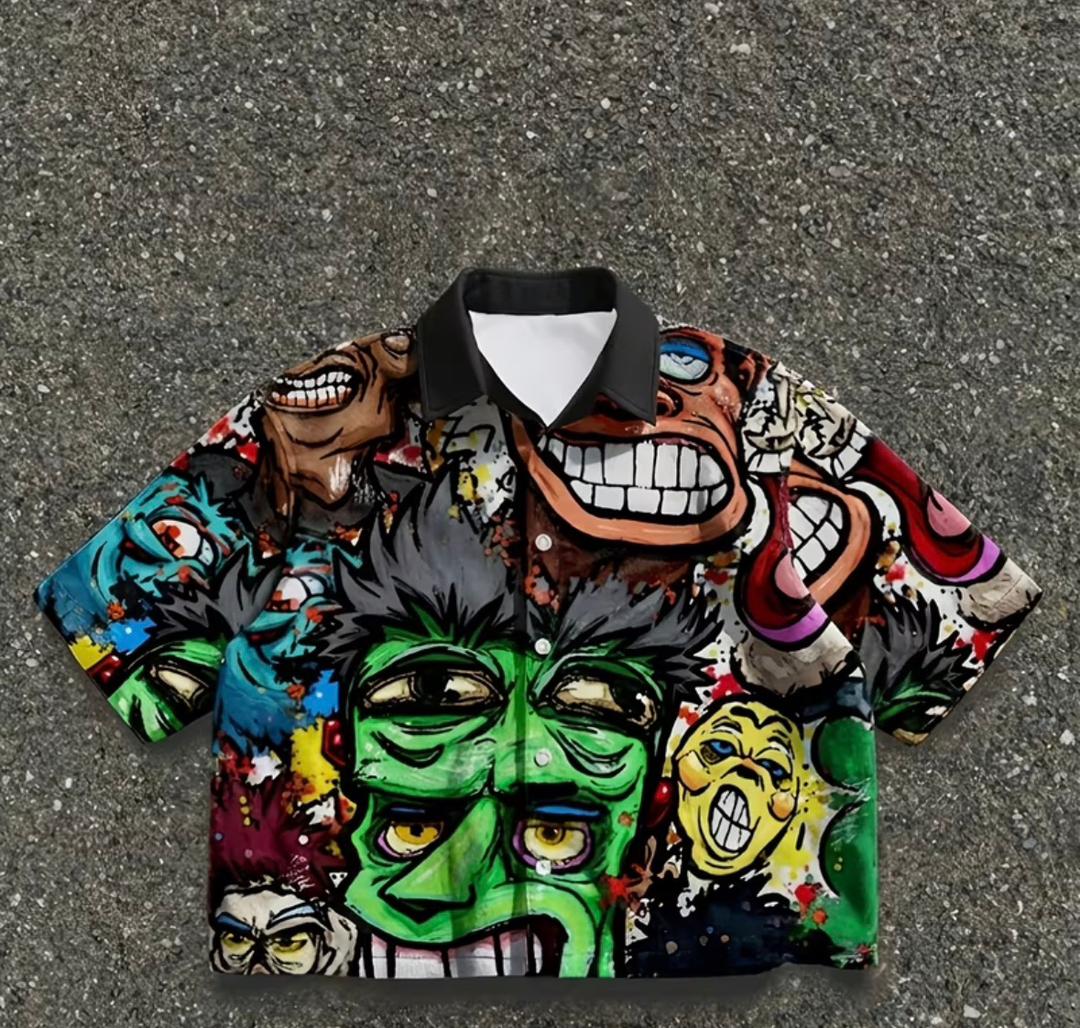 Buy raffiti Madness Abstract Cartoon Print Short-Sleeve Button-Up Shirt XXL in Bonny Island