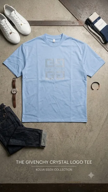 Buy Kolva Givenchy Crystal Logo Tee – Light Blue Rhinestone T-Shirt | SS/24 Collection | Size 2XL in Bonny Island